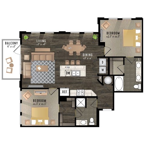 A floor plan of a house with a living room, dining room, two bedrooms, and a balcony.